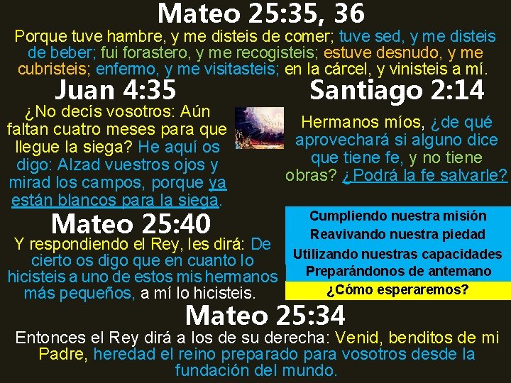 Mateo 25: 35, 36 Porque tuve hambre, y me disteis de comer; tuve sed,