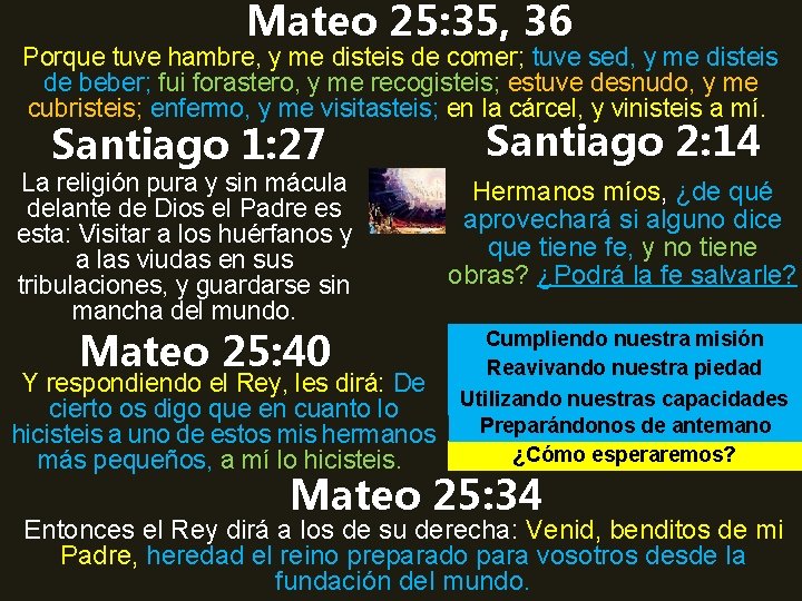 Mateo 25: 35, 36 Porque tuve hambre, y me disteis de comer; tuve sed,