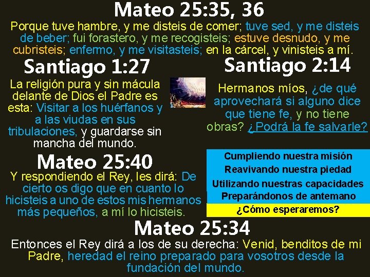 Mateo 25: 35, 36 Porque tuve hambre, y me disteis de comer; tuve sed,