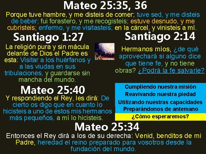 Mateo 25: 35, 36 Porque tuve hambre, y me disteis de comer; tuve sed,