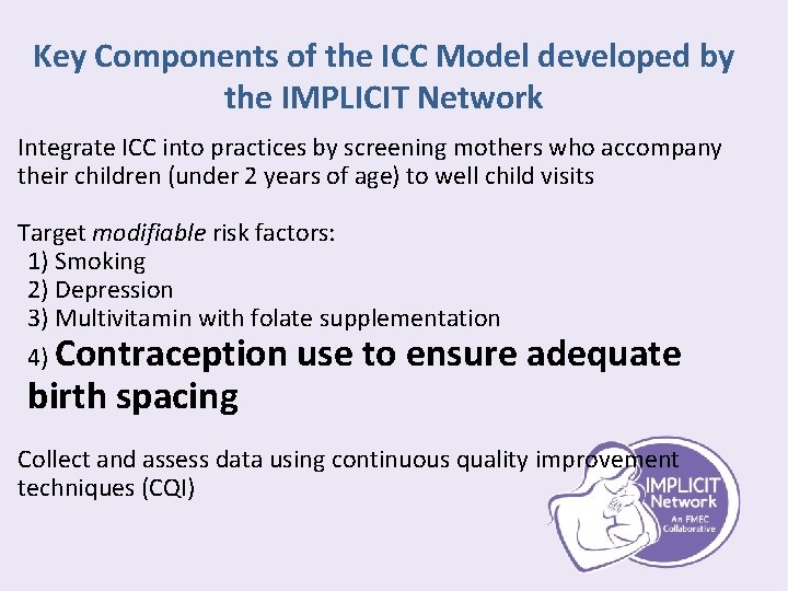 Key Components of the ICC Model developed by the IMPLICIT Network Integrate ICC into