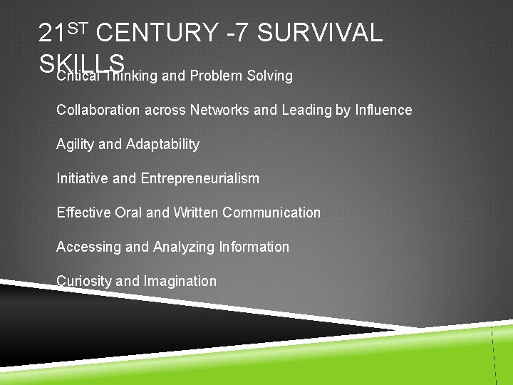21 ST CENTURY -7 SURVIVAL SKILLS Critical Thinking and Problem Solving Collaboration across Networks