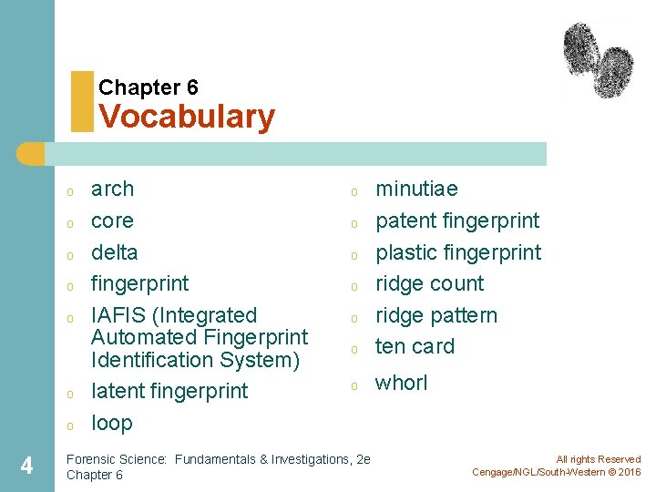 Chapter 6 Vocabulary o o o o 4 arch core delta fingerprint IAFIS (Integrated