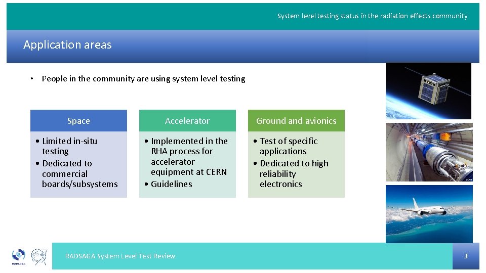 System level testing status in the radiation effects community Application areas • People in