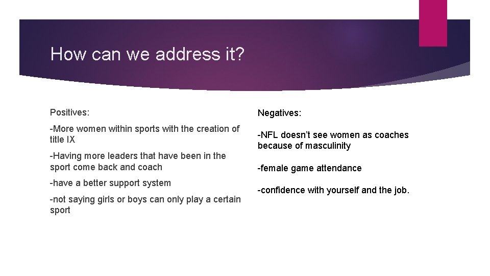 How can we address it? Positives: -More women within sports with the creation of