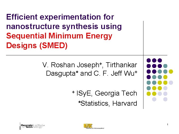 Efficient experimentation for nanostructure synthesis using Sequential Minimum Energy Designs (SMED) V. Roshan Joseph+,