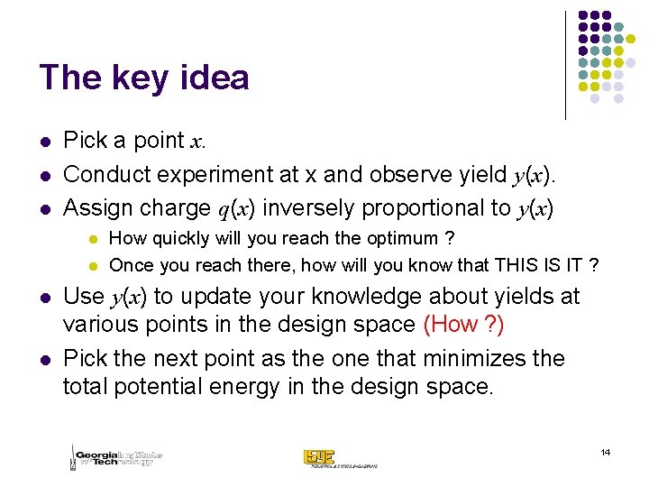 The key idea l l l Pick a point x. Conduct experiment at x
