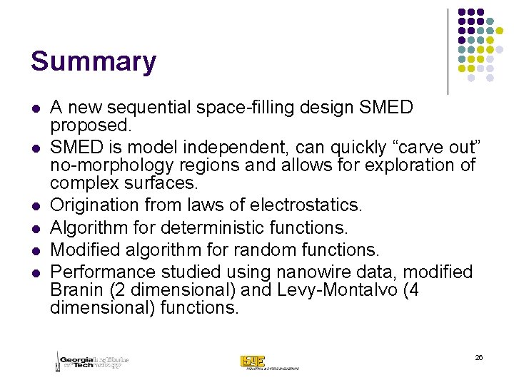 Summary l l l A new sequential space-filling design SMED proposed. SMED is model