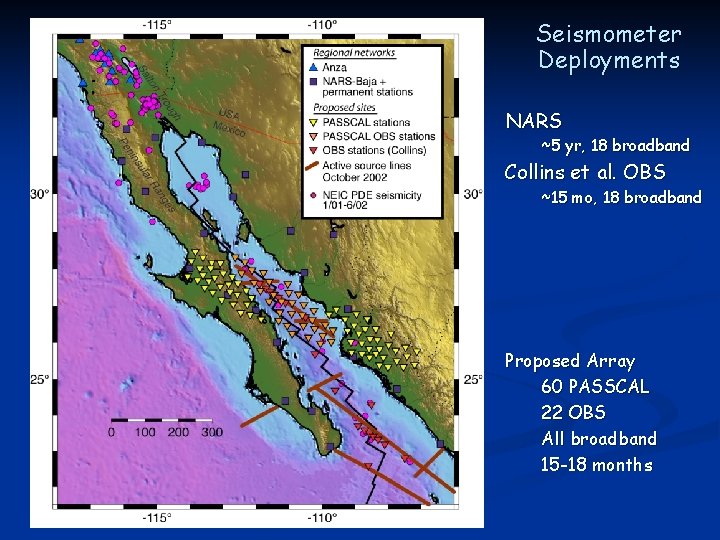 Seismometer Deployments NARS ~5 yr, 18 broadband Collins et al. OBS ~15 mo, 18
