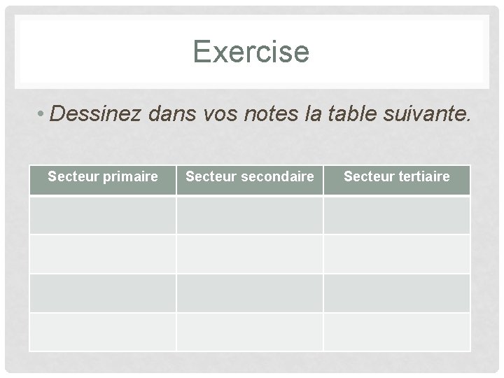 Exercise • Dessinez dans vos notes la table suivante. Secteur primaire Secteur secondaire Secteur