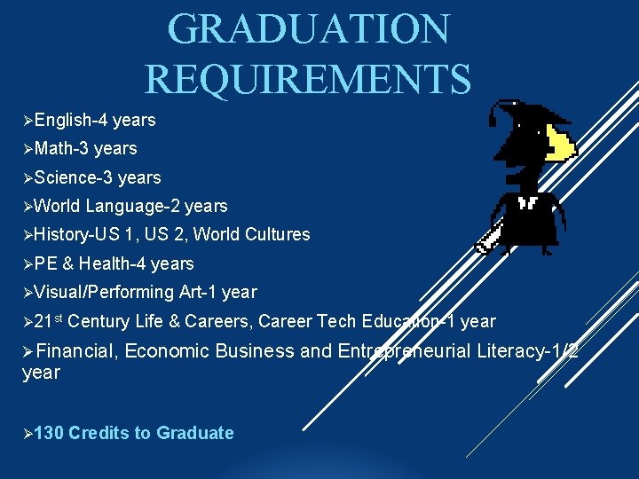 GRADUATION REQUIREMENTS ØEnglish-4 ØMath-3 years ØScience-3 ØWorld years Language-2 years ØHistory-US ØPE 1, US