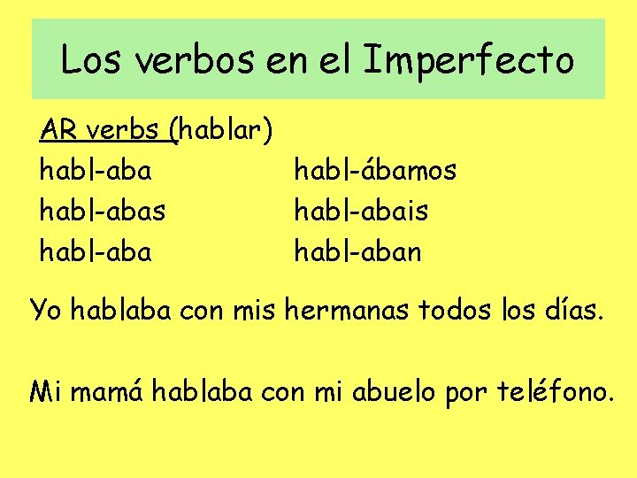 Los verbos en el Imperfecto AR verbs (hablar) habl-aba habl-ábamos habl-abais habl-aban Yo hablaba