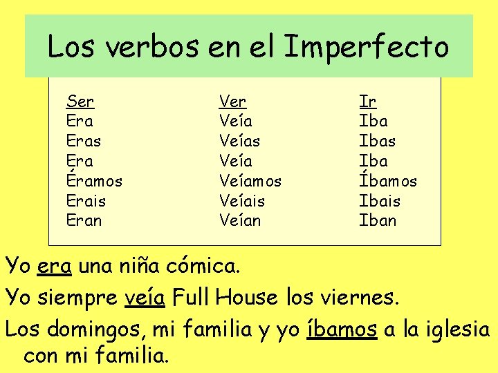 Los verbos en el Imperfecto Ser Eras Era Éramos Erais Eran Ver Veías Veíamos