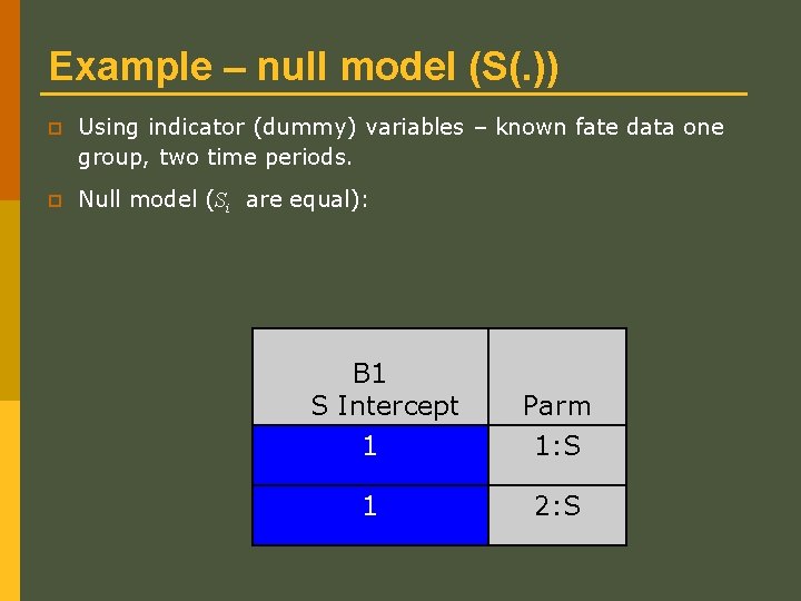 Example – null model (S(. )) p Using indicator (dummy) variables – known fate Example – null model (S(. )) p Using indicator (dummy) variables – known fate
