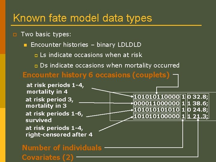 Known fate model data types p Two basic types: n Encounter histories – binary Known fate model data types p Two basic types: n Encounter histories – binary