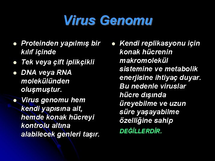 Virus Genomu l l Proteinden yapılmış bir kılıf içinde Tek veya çift iplikçikli DNA