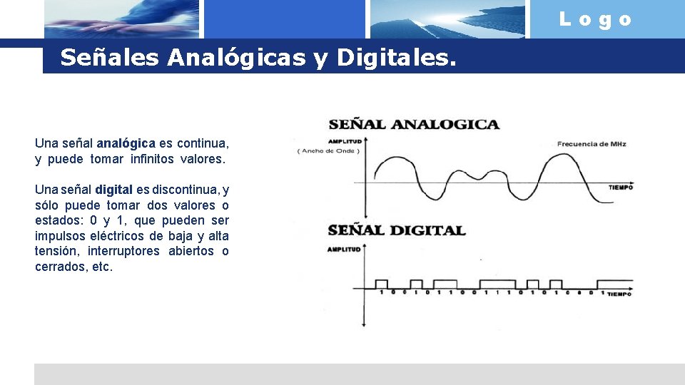 Logo Señales Analógicas y Digitales. Una señal analógica es continua, y puede tomar infinitos