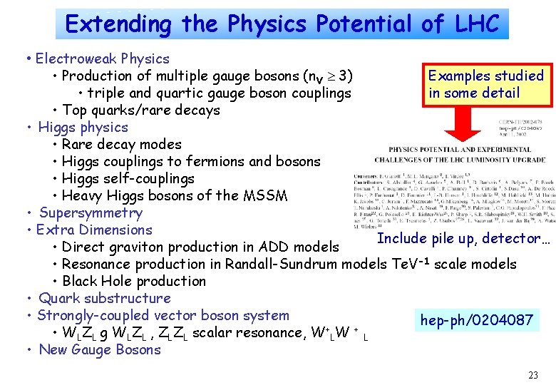 Extending the Physics Potential of LHC • Electroweak Physics Examples studied • Production of