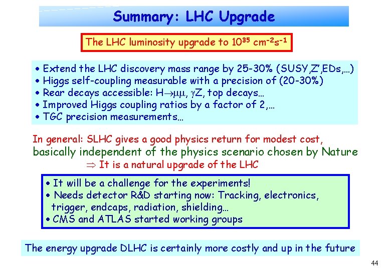 Summary: LHC Upgrade The LHC luminosity upgrade to 1035 cm-2 s-1 Extend the LHC