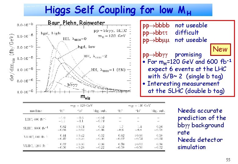 Higgs Self Coupling for low MH Baur, Plehn, Rainwater mvis pp bbbb not useable