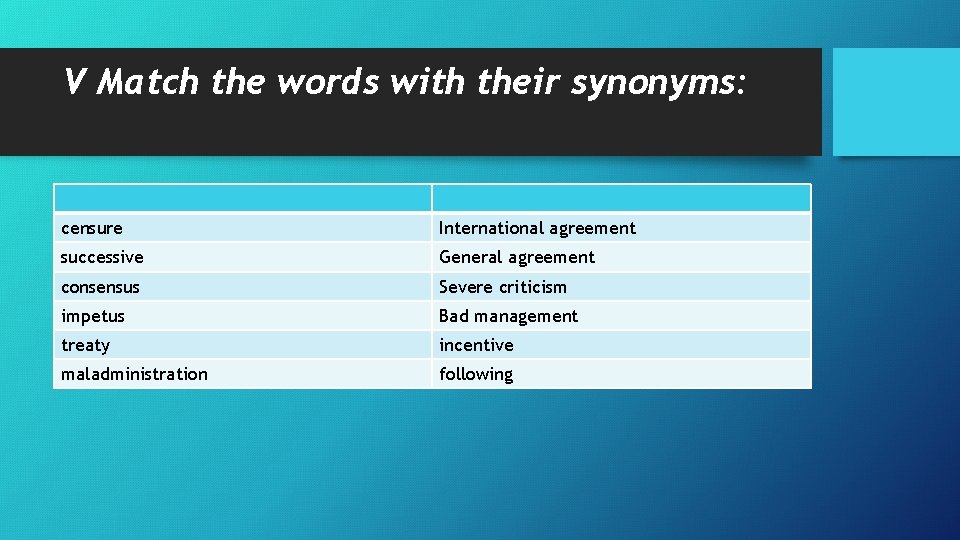 V Match the words with their synonyms: censure International agreement successive General agreement consensus
