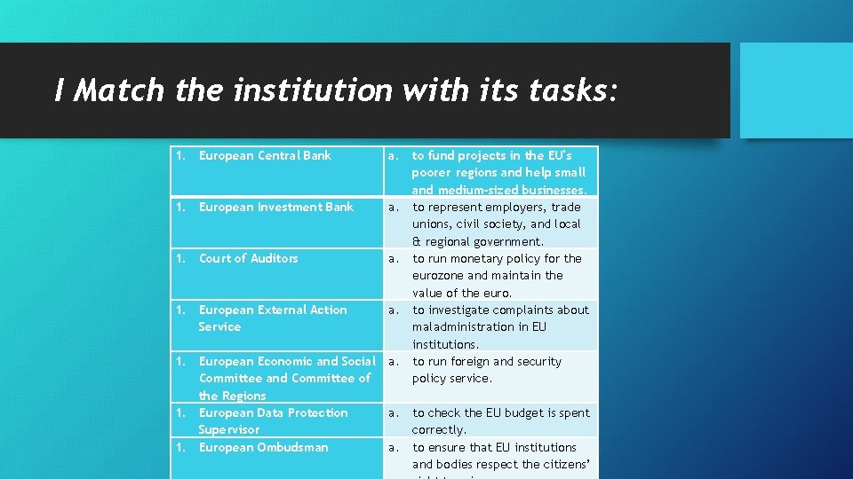 I Match the institution with its tasks: 1. European Central Bank 1. European Investment