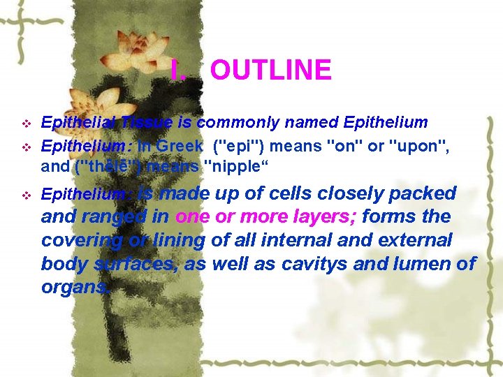 I. OUTLINE v Epithelial Tissue is commonly named Epithelium: In Greek ("epi") means "on"