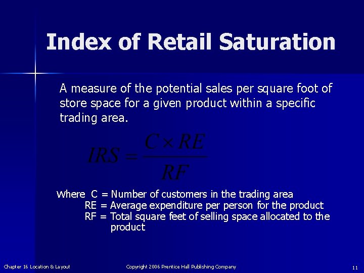 Index of Retail Saturation A measure of the potential sales per square foot of