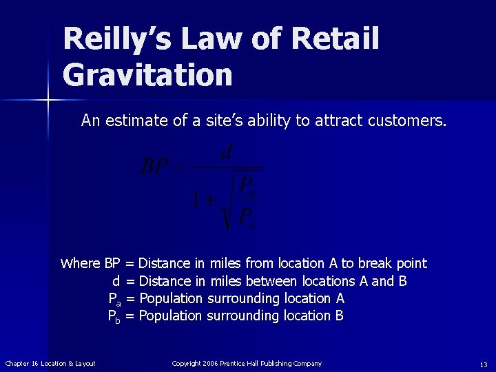 Reilly’s Law of Retail Gravitation An estimate of a site’s ability to attract customers.