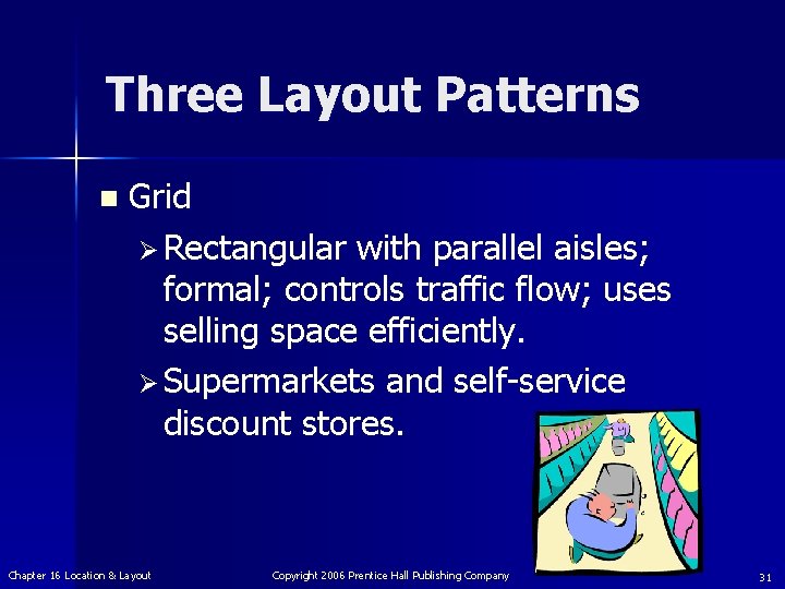 Three Layout Patterns n Grid Ø Rectangular with parallel aisles; formal; controls traffic flow;