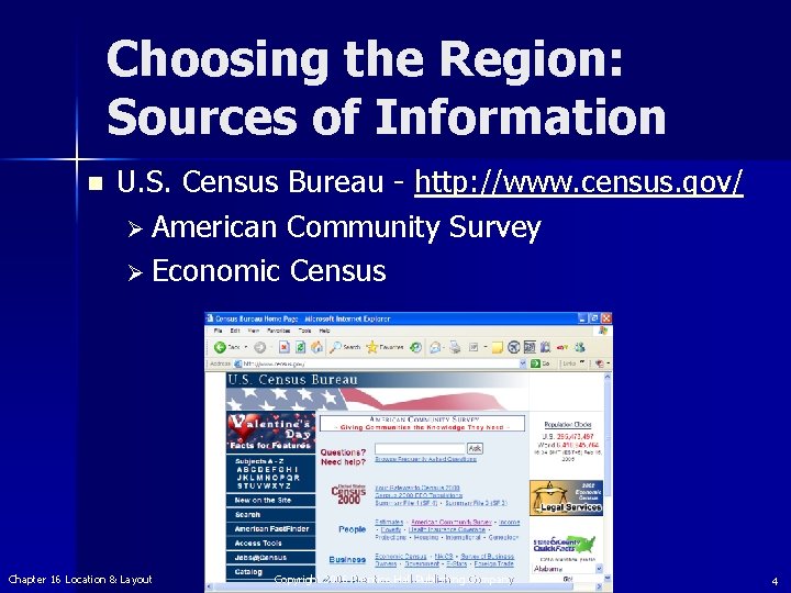 Choosing the Region: Sources of Information n U. S. Census Bureau - http: //www.