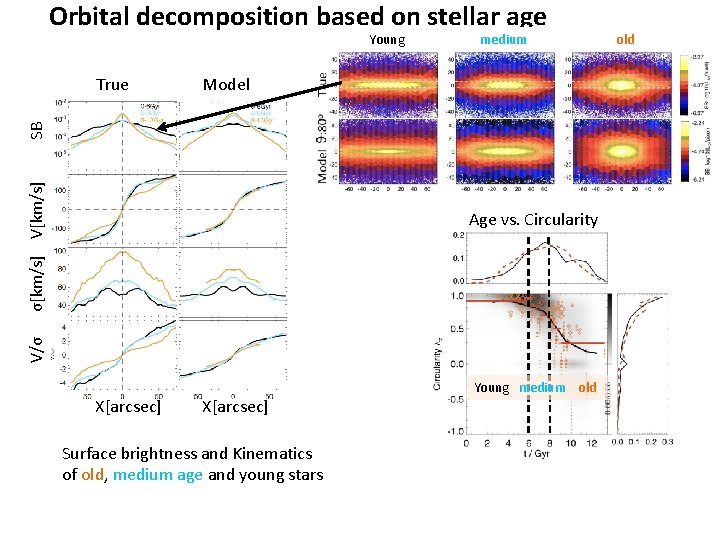 Orbital decomposition based on stellar age Young Model σ[km/s] V[km/s] SB True medium V/σ