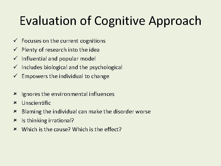 Evaluation of Cognitive Approach Focuses on the current cognitions Plenty of research into the