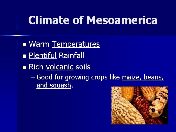 Climate of Mesoamerica Warm Temperatures n Plentiful Rainfall n Rich volcanic soils n –