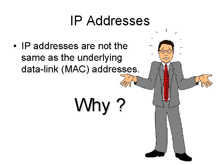  • IP addresses are not the same as the underlying data-link (MAC) addresses.
