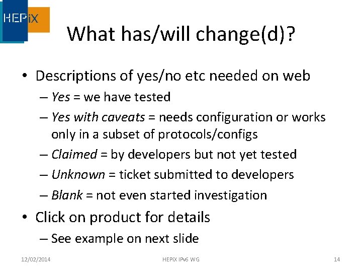 What has/will change(d)? • Descriptions of yes/no etc needed on web – Yes =