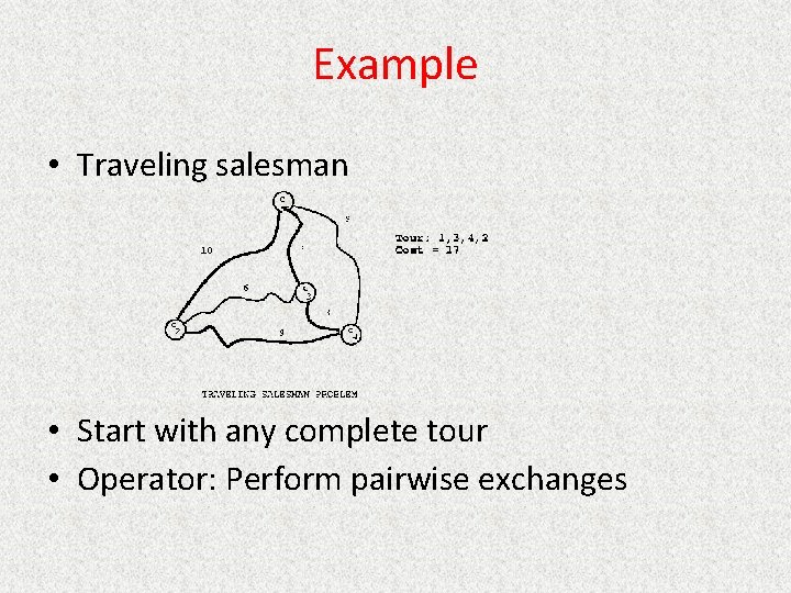Example • Traveling salesman • Start with any complete tour • Operator: Perform pairwise