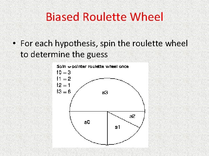 Biased Roulette Wheel • For each hypothesis, spin the roulette wheel to determine the