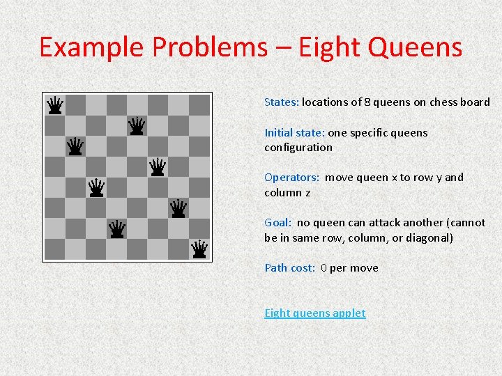 Example Problems – Eight Queens States: locations of 8 queens on chess board Initial