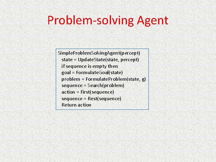 Problem-solving Agent Simple. Problem. Solving. Agent(percept) state = Update. State(state, percept) if sequence is