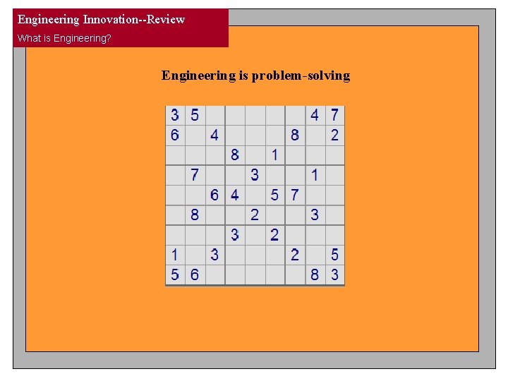 Engineering Innovation--Review What is Engineering? Engineering is problem-solving Engineering Innovation--Review What is Engineering? Engineering is problem-solving