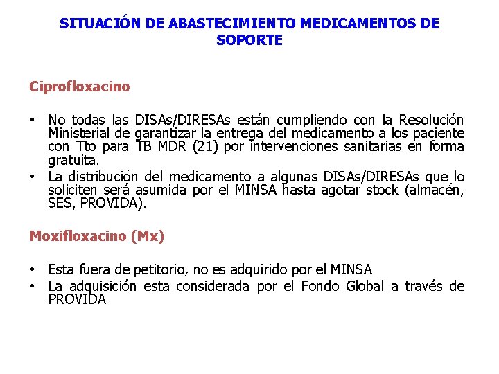 SITUACIÓN DE ABASTECIMIENTO MEDICAMENTOS DE SOPORTE Ciprofloxacino • No todas las DISAs/DIRESAs están cumpliendo