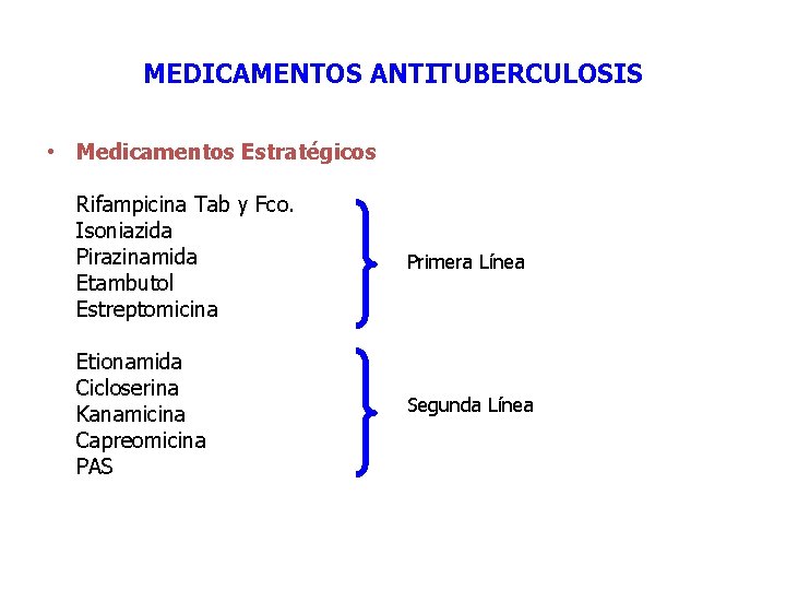 MEDICAMENTOS ANTITUBERCULOSIS • Medicamentos Estratégicos Rifampicina Tab y Fco. Isoniazida Pirazinamida Etambutol Estreptomicina Primera