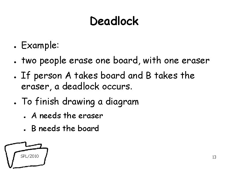 Deadlock ● Example: ● two people erase one board, with one eraser ● ●