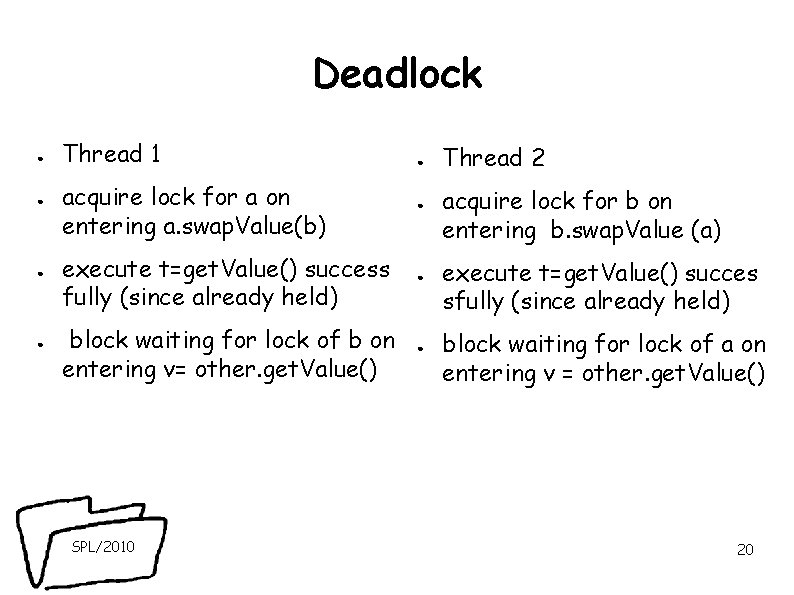 Deadlock ● ● Thread 1 ● acquire lock for a on entering a. swap.