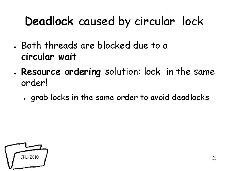 Deadlock caused by circular lock ● ● Both threads are blocked due to a