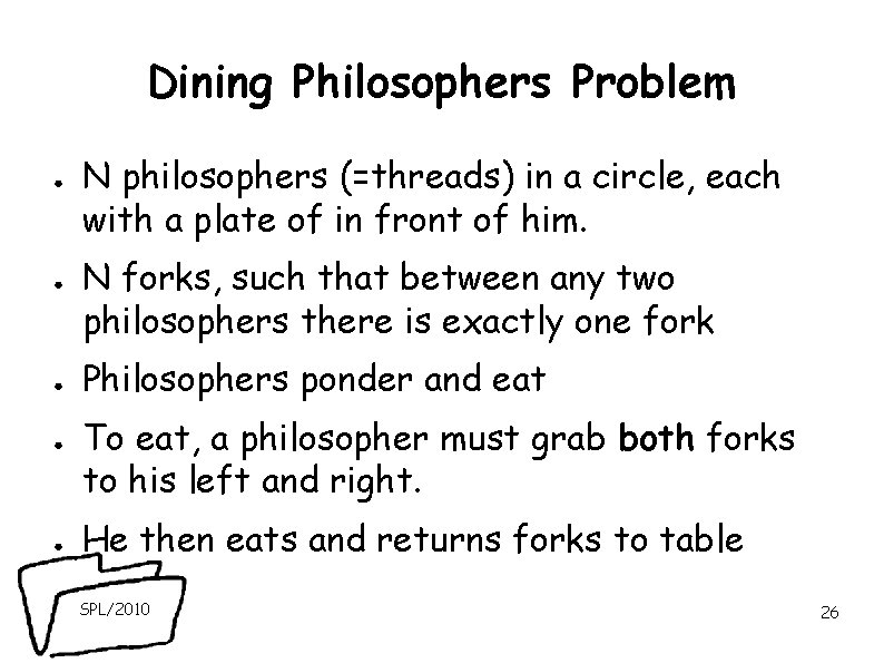 Dining Philosophers Problem ● ● ● N philosophers (=threads) in a circle, each with