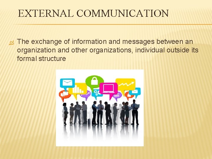 EXTERNAL COMMUNICATION The exchange of information and messages between an organization and other organizations,