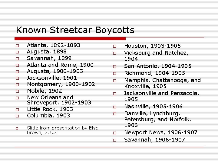 Known Streetcar Boycotts o o o Atlanta, 1892 -1893 Augusta, 1898 Savannah, 1899 Atlanta
