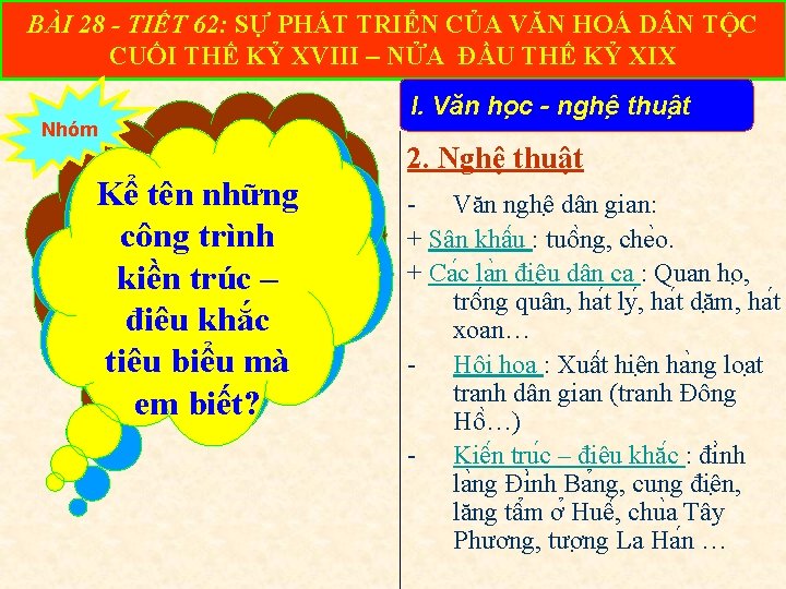 BÀI 28 - TIẾT 62: SỰ PHÁT TRIỂN CỦA VĂN HOÁ D N TỘC